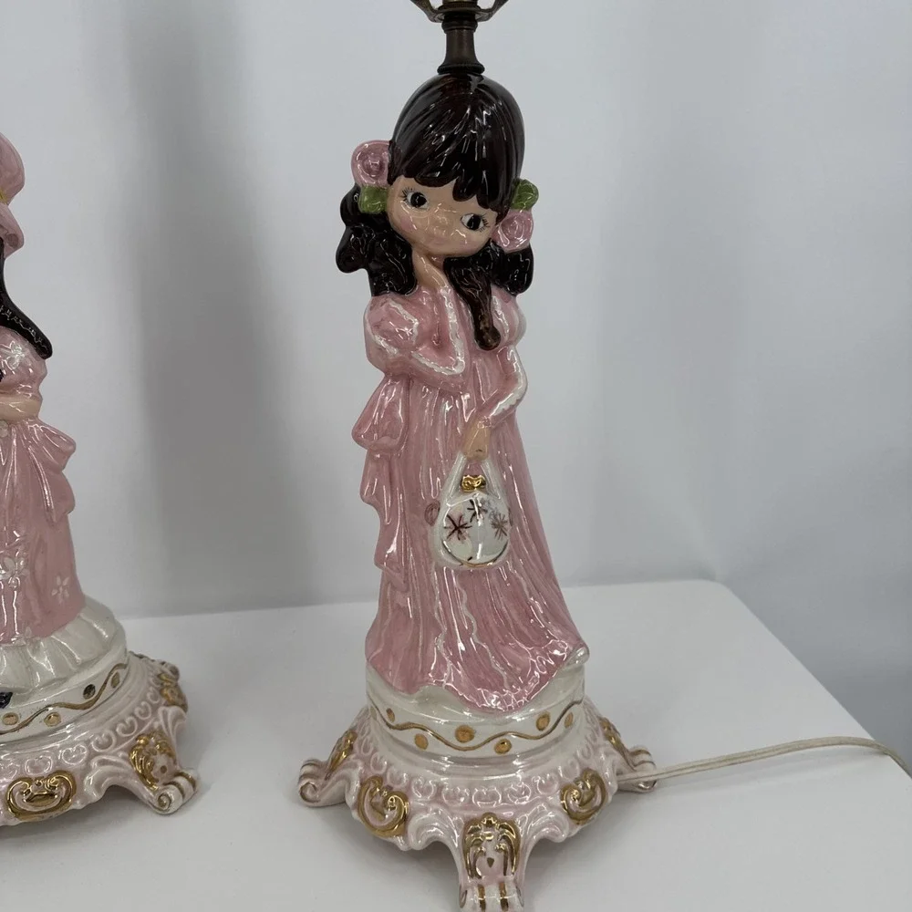 Vintage Pair Of Ceramic Handmade‎ Holly Hobby Style Lamps 1974 Pink Prairie